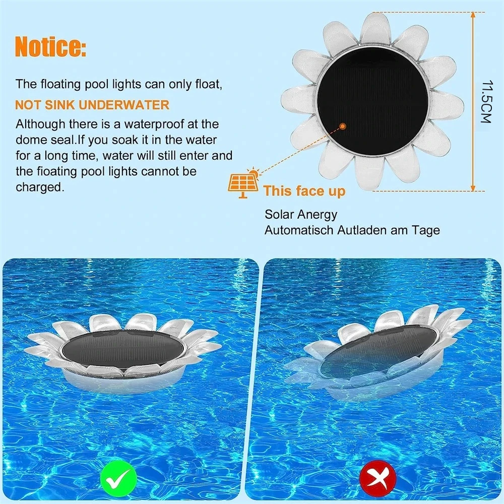 Sunflower Solar Waterproof LED Swimming Pool Pond Floating Night Lights for Pool Spa Patio Wedding Party Christmas Decorations