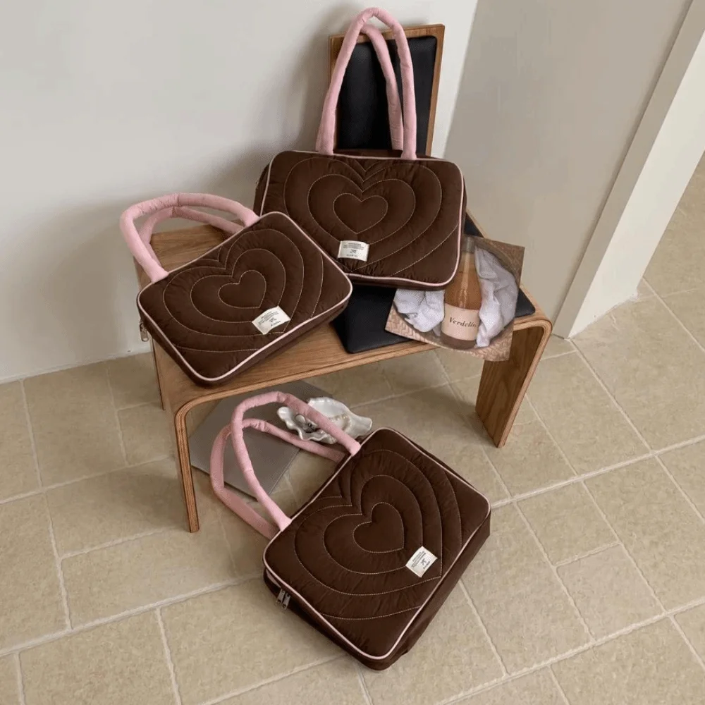 Quilted Laptop Shoulder Bag Padded Protection Heart Embroidery Notebook Pouch Ultralight 11 13 14 15 15.6 16 Inch Laptop Bag