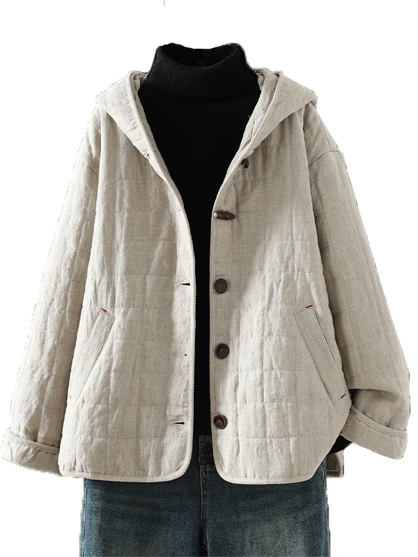 جاكيت نسائي شتوي فضفاض ودافئ من القطن والكتان بتصميم فني عتيق مع غطاء للرأس، معطف قطني طويل الأكمام بصف أزرار مزدوج