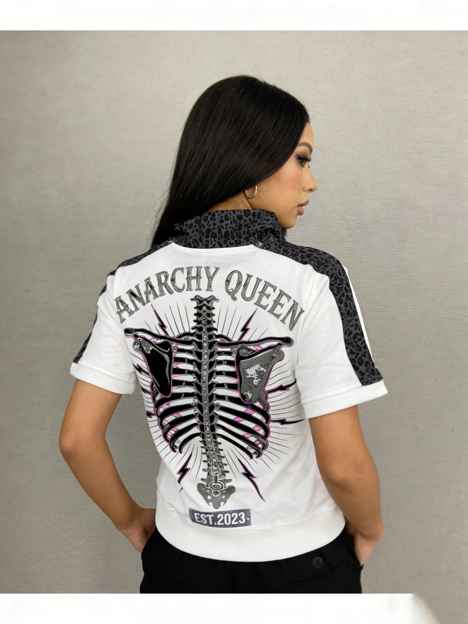 Women's Skull Print Cropped Zip-Up Jacket - Leopard Contrast Trim Short Sleeve Streetwear Punk Casual Top Y2K EMO