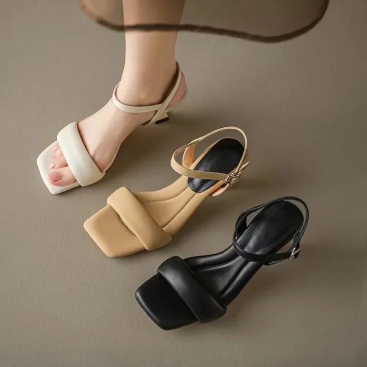 2024 Summer New Soft, Comfortable, Elegant Kitten Heel Small Medium Heel Large Square Head Open Toe Slim Toe Sandals