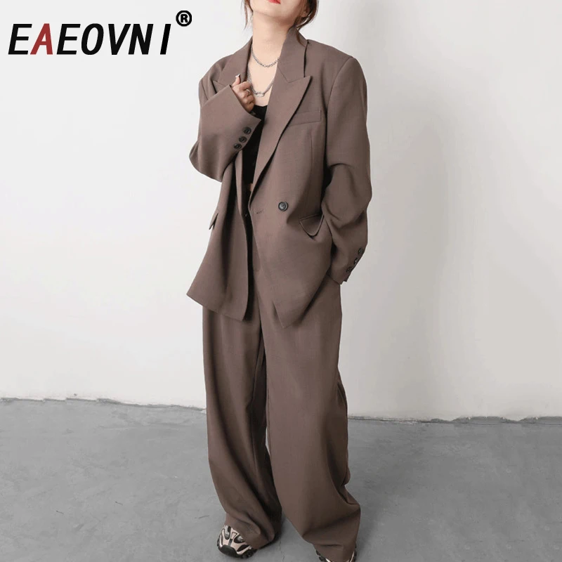 

EAEOVNI офисный женский однотонный комплект из двух предметов, женский пиджак с зубчатым воротником и пуговицами, пальто + длинные брюки, модная новая одежда 2025 года