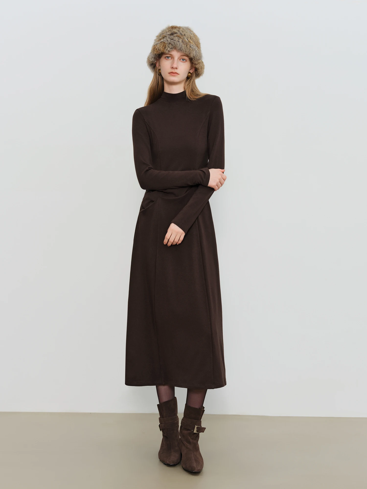 ZIQIAO 2025秋冬 レディース ウエストマーク マキシ丈ワンピース - クラシックブラック タイムレスシルエット 美しいフィット感 オフィス エレガント