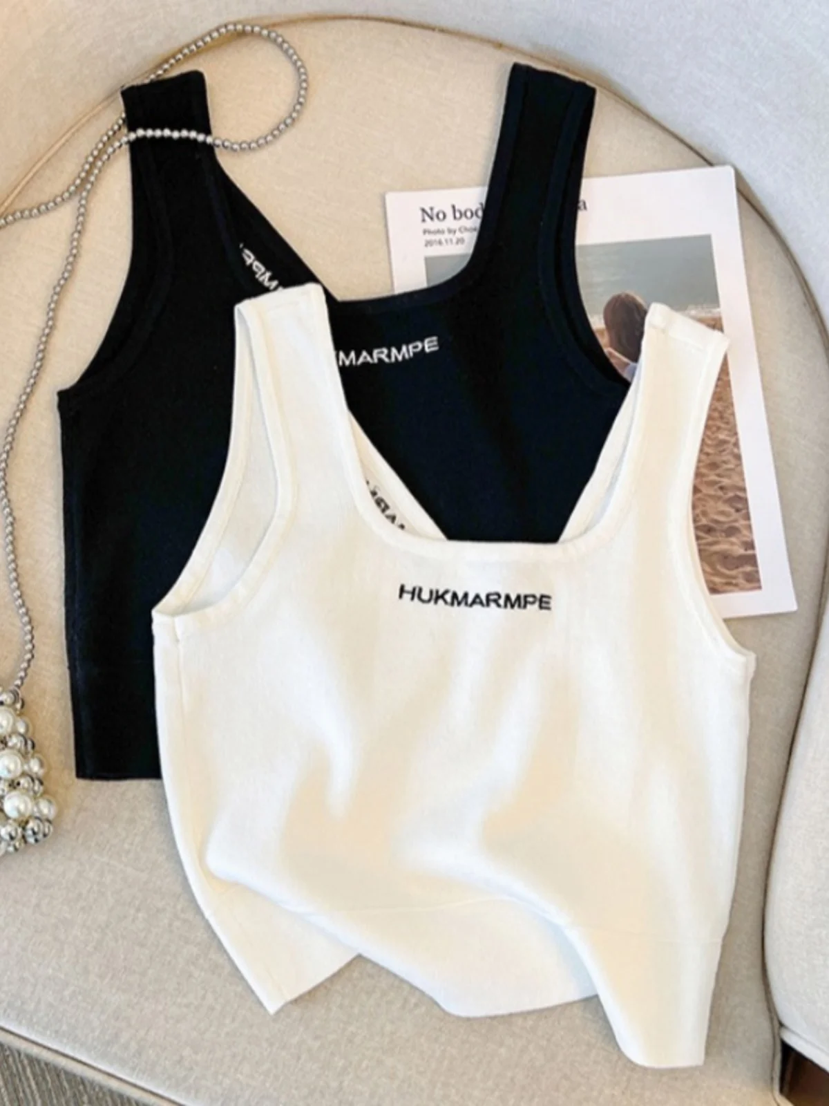 자수 니트 조끼 여성 이너웨어 아우터웨어 슬림핏 레터 자수 탑 여름 패션