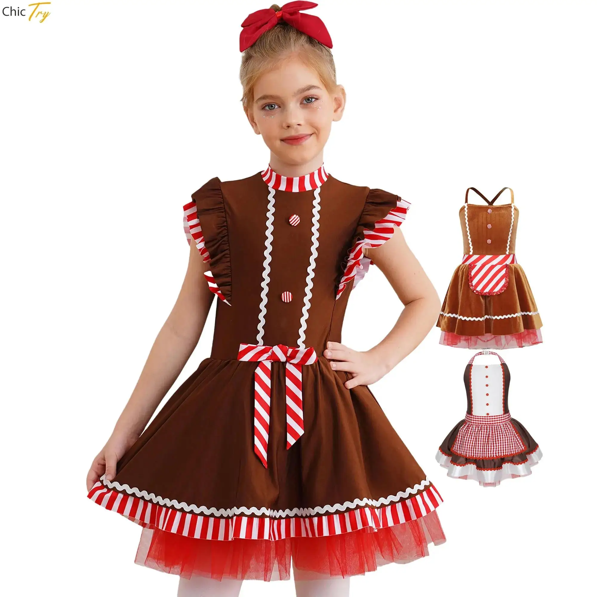 

Рождественский костюм пряничного человечка для девочек, пачка для фигурного катания, балетное танцевальное платье, конфета, Санта-Клаус, печенье, вечернее платье для косплея