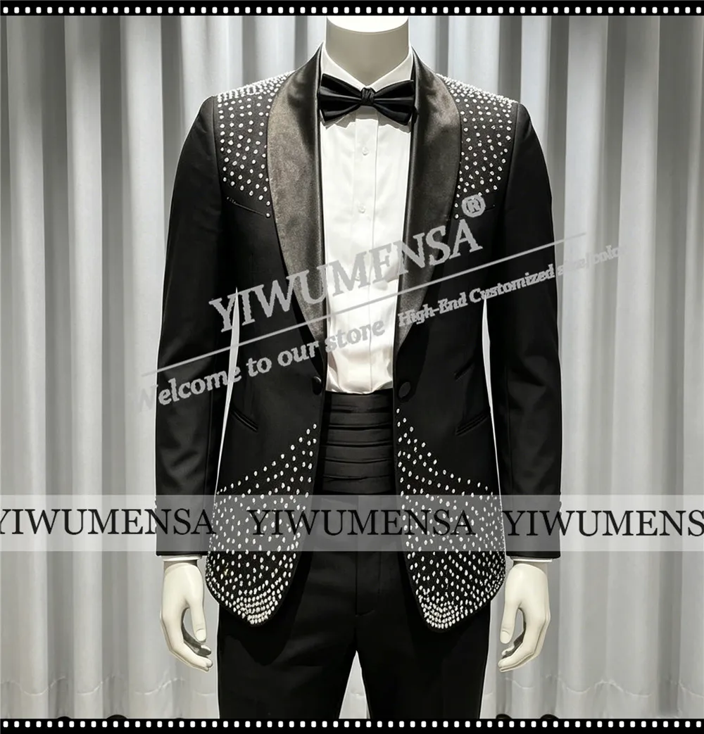 Exclusive Wedding Suit For Man Sliver Beaded Stones Jacket Trousers 2 Pieces Sets Groom Tuxedos Customized Trajes Para Hombre