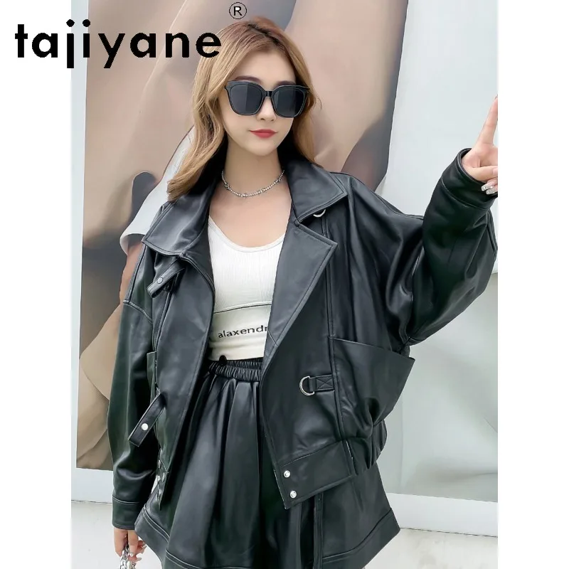 TAJIYANE Genuine Leather Jacket Woman Sheepskin Cropped Leather Coat Black Jackets for Woman Long Sleeve Top Loose Outerwear 자켓