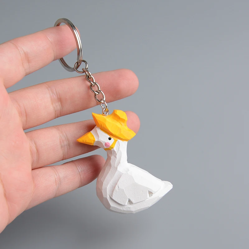 Cartoon Yellow Hat Duck Keychain Wood Handmade Animal Figure Creative Bag Ornament Key Ring Car Accessories Children Gift Toys