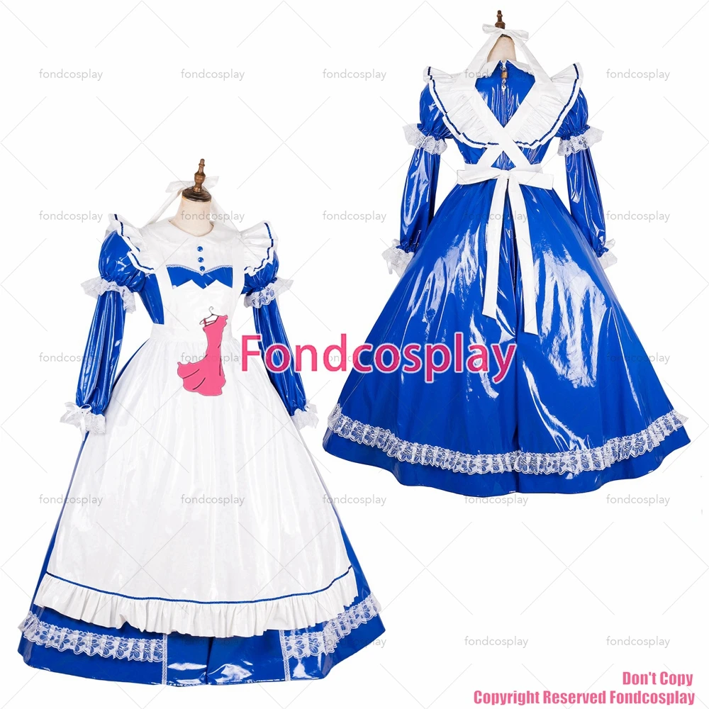 fondcosplay adult sexy cross dressing sissy maid long lockable blue thin PVC vinyl dress Uniform white apron CD/TV[G1785]