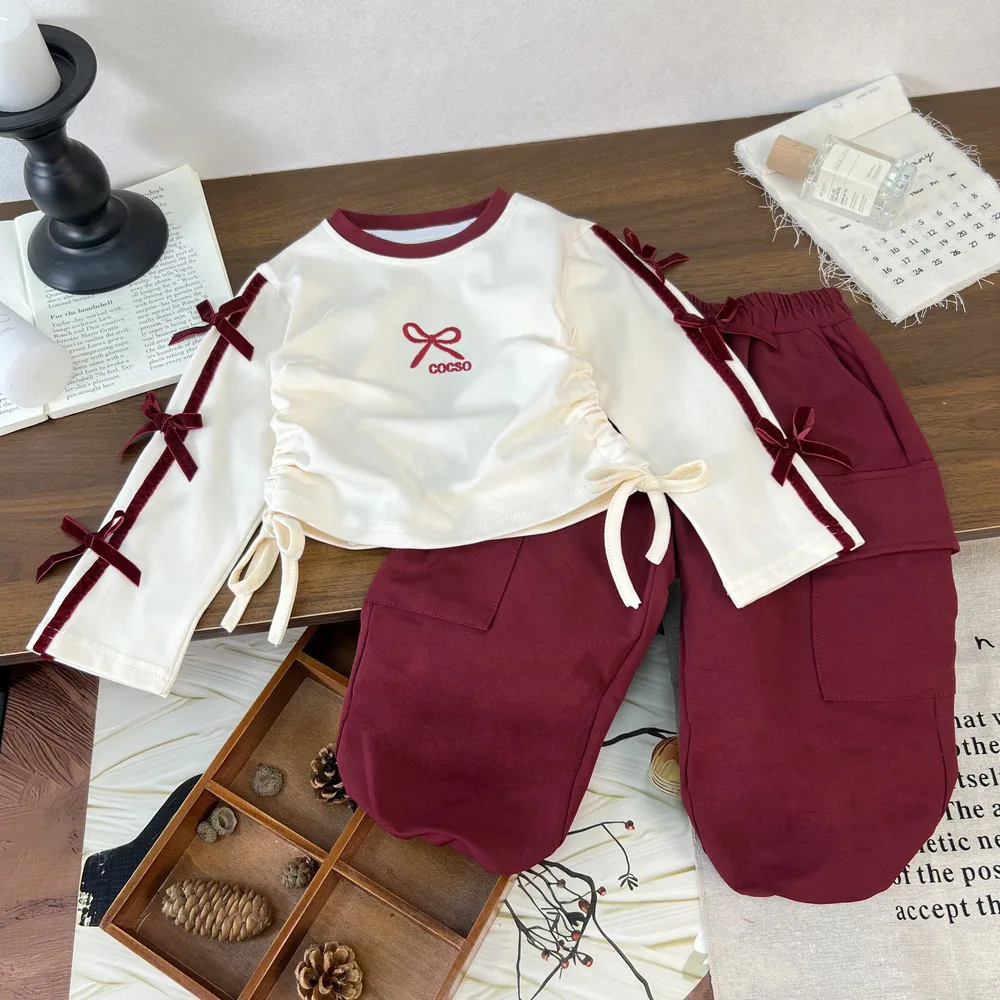 

Girls Sweet Bow Print T Shirts + Cargo Pants 2pcs Suit Kids Patchwork Outfits 2025 Autumn New Girls Long Sleeve Clothes Set