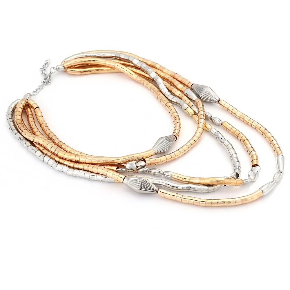 HUANZHI Gold and Silver Spliced Multi-layer Geometric Beaded Necklace Bohemian Long Necklace Vintage Elegant Vacation Jewelry