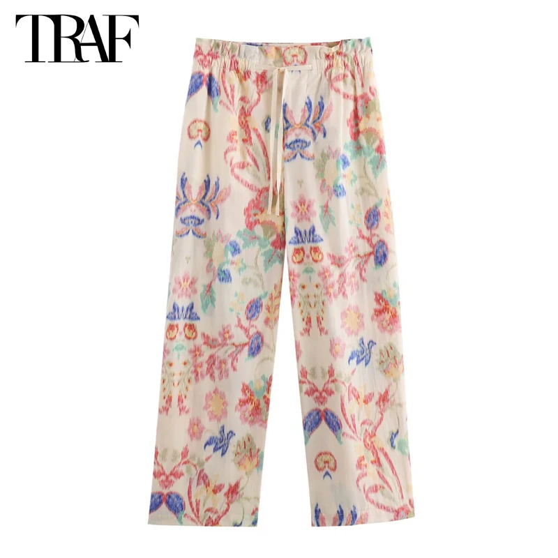 TRAF Print High Waist Pants for Women Paper Straight Leg Woman Trousers Summer Holiday Pants Women Pleated Beach Women\'s Pants