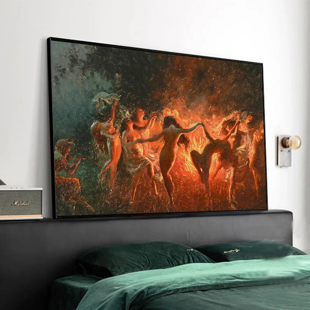 Fire Dance Hour by Joseph Tomanek Nymphs Dancing Poster Witches Magic Canvas Painting Wall Art Pictures Halloween Home Decor