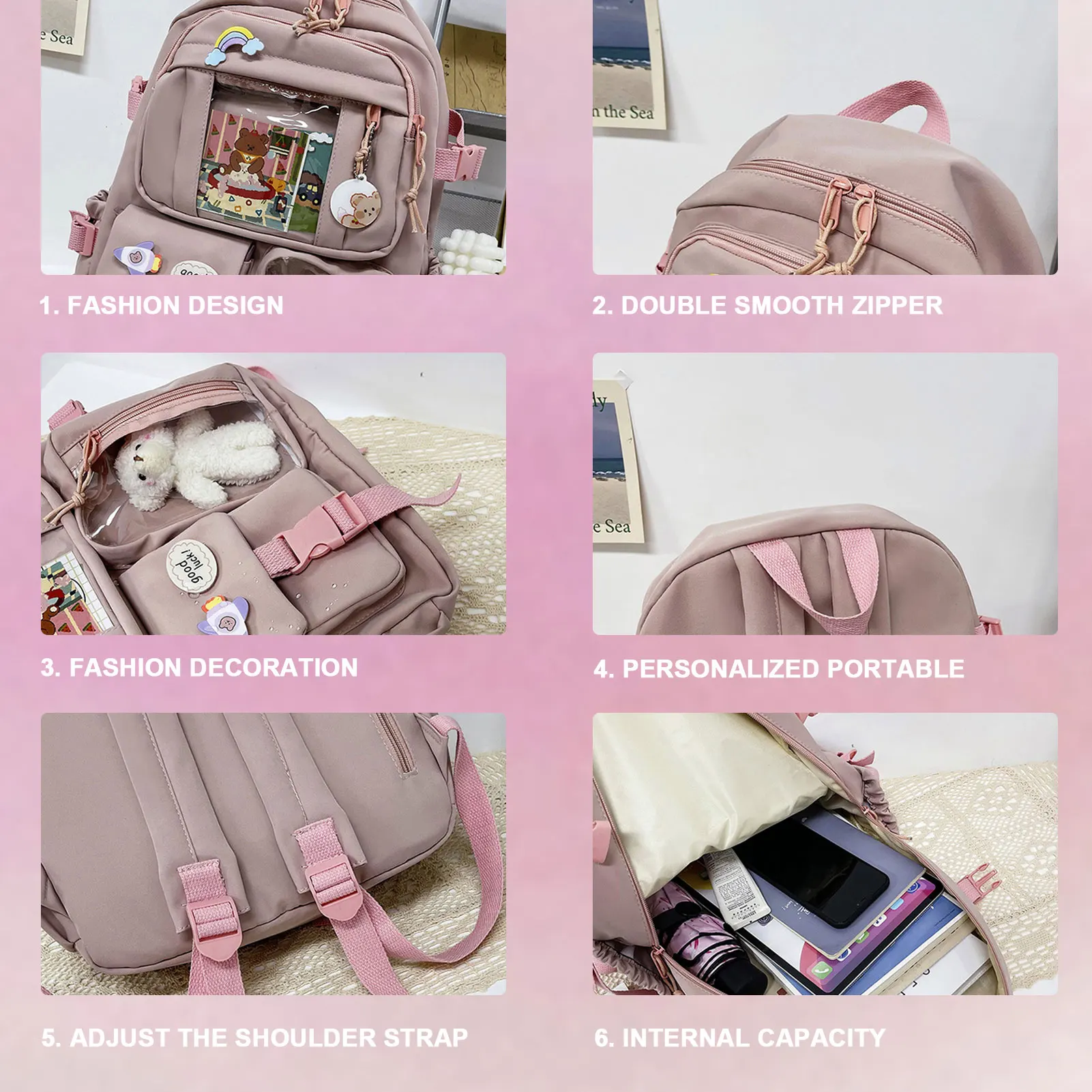 Kawaii Backpack Shoulder Bag With Pin And Accessories Large Capacity Aesthetic Backpack With Kawaii Pin For Cosplay School