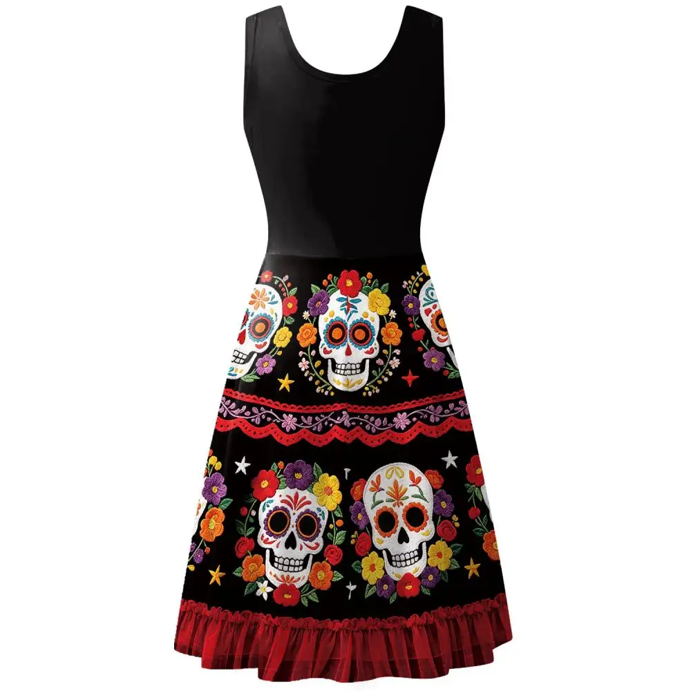 Damenkleid mit Zuckerblumen- und Totenkopfdruck, ärmelloses Sommerkostüm, mexikanische Kleidung zum Tag der Toten, Halloween-Festival, Kostüm – Detail 7