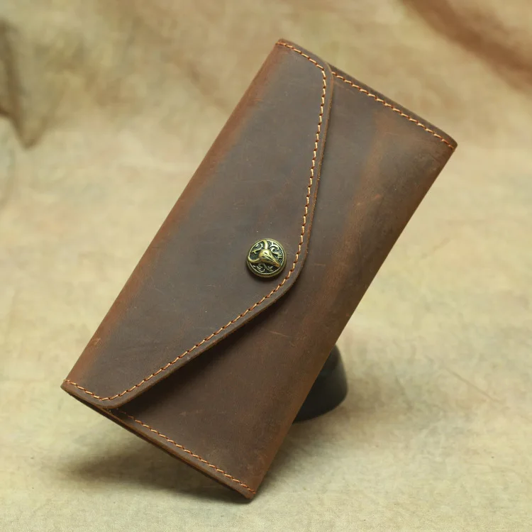 Long Pure Cowhide Leather Envelope Wallet Men's Handheld Retro Style Simple Design Phone Bag Leather Bifold Wallet
