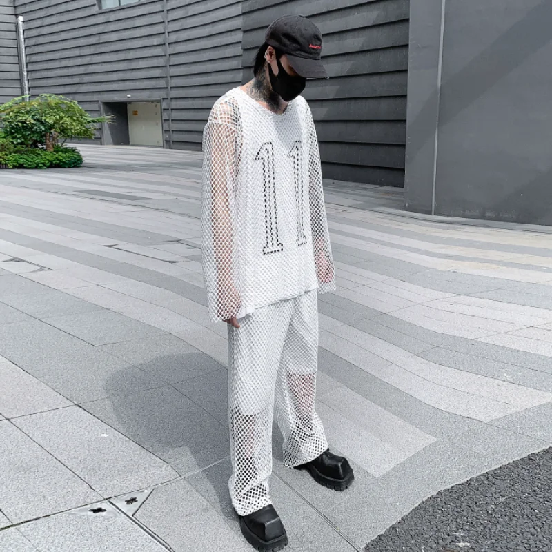 Dark Mesh Hollow-out Loose Clothing Thin T-shirt Trousers Suit Men's Trendy Fashion Handsome Suit with Handsome