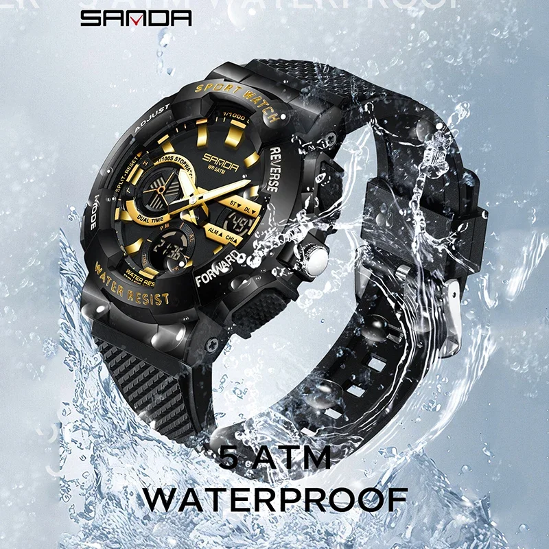 SANDA جديد الرياضة العسكرية الرجال ساعة مزدوجة عرض ساعة توقيت LED مضيئة مقاوم للماء ساعة تنبيه الإلكترونية كوارتز رجل ساعة اليد