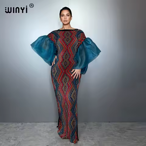 WINYI Bubble sleeve pleated dress beach cover up boho kaftan abaya dubai luxury party dress long down muslim woman evening dress