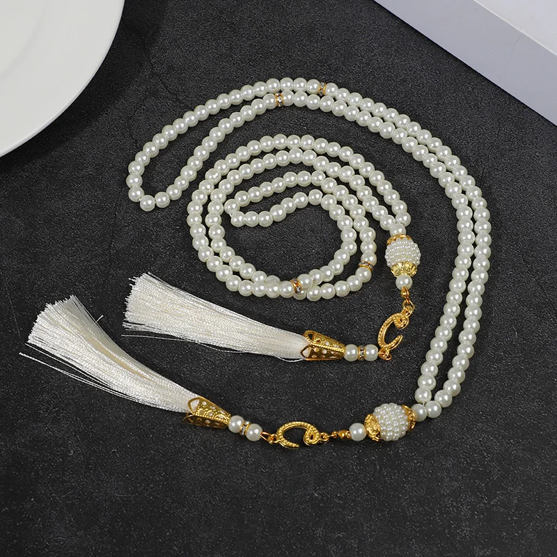 

99 Imitation Pearls Prayer Bead Bracelet Eid Mubarak White Prayer Beads Moon Tassel Pendant Islam Muslim Ramadan Kareem Decor