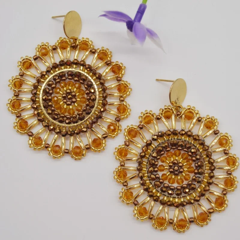 

Beaded earrings Sunflower Graph Originality Blue Hand knitting Bohemia Alloy Tide Crystal Female Simple Rice bead earrings