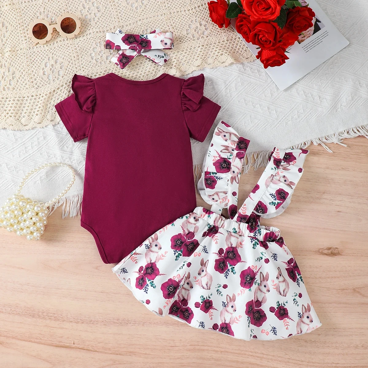 Baby Girl Summer Set Solid Color Jumpsuit+Rabbit Printed Shoulder Strap Skirt+Headband Set for 0-18 Months Cute Female Babies