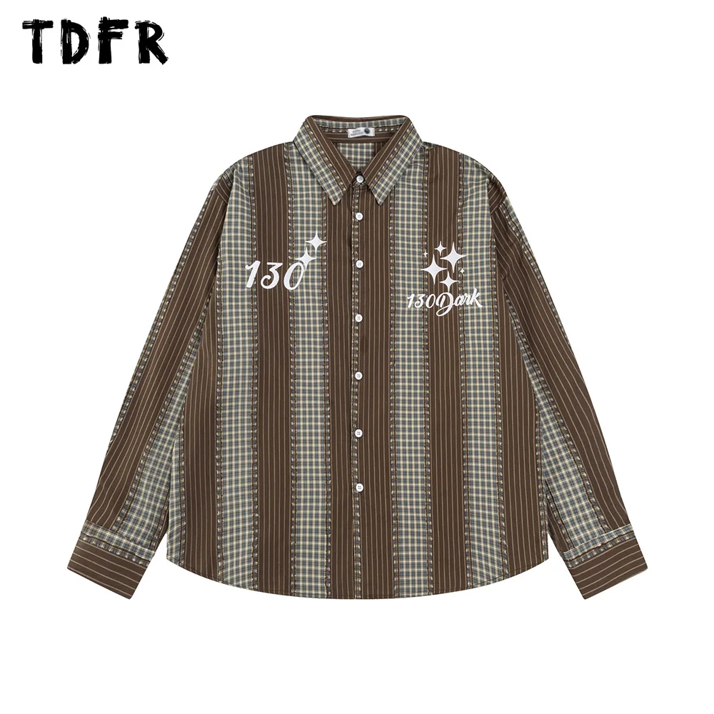 Patchwork Striped Long Sleeve Shirts Mens Letter Embroidery Retro Streetwear Loose Single Lapel Breasted Shirts Men