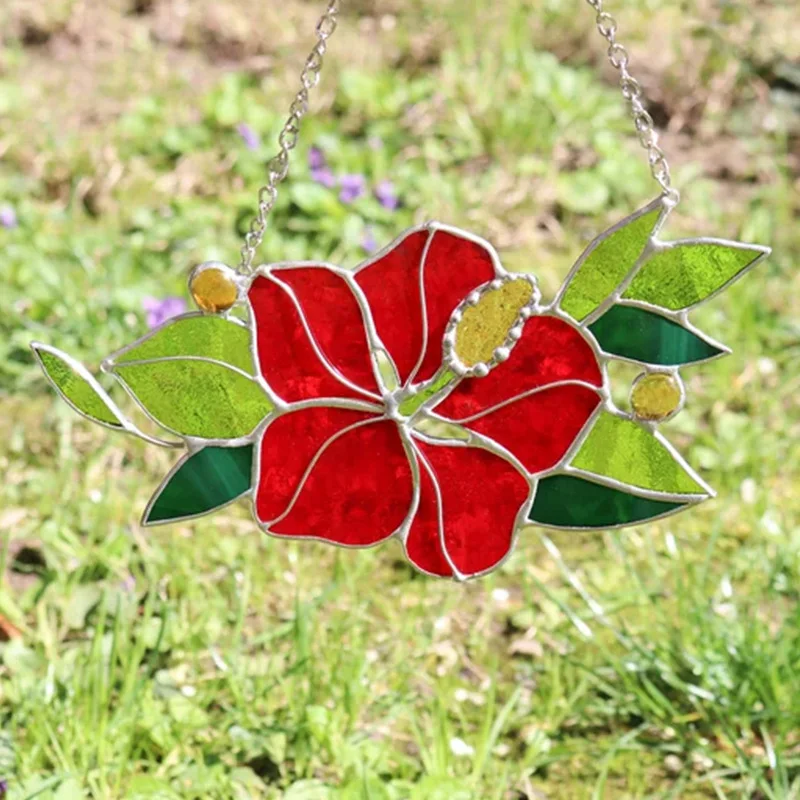 New Handmade Glass Inlaid with Red Flowers Pendant Pendant Retro Ethnic Windshield Flower Sun Catcher