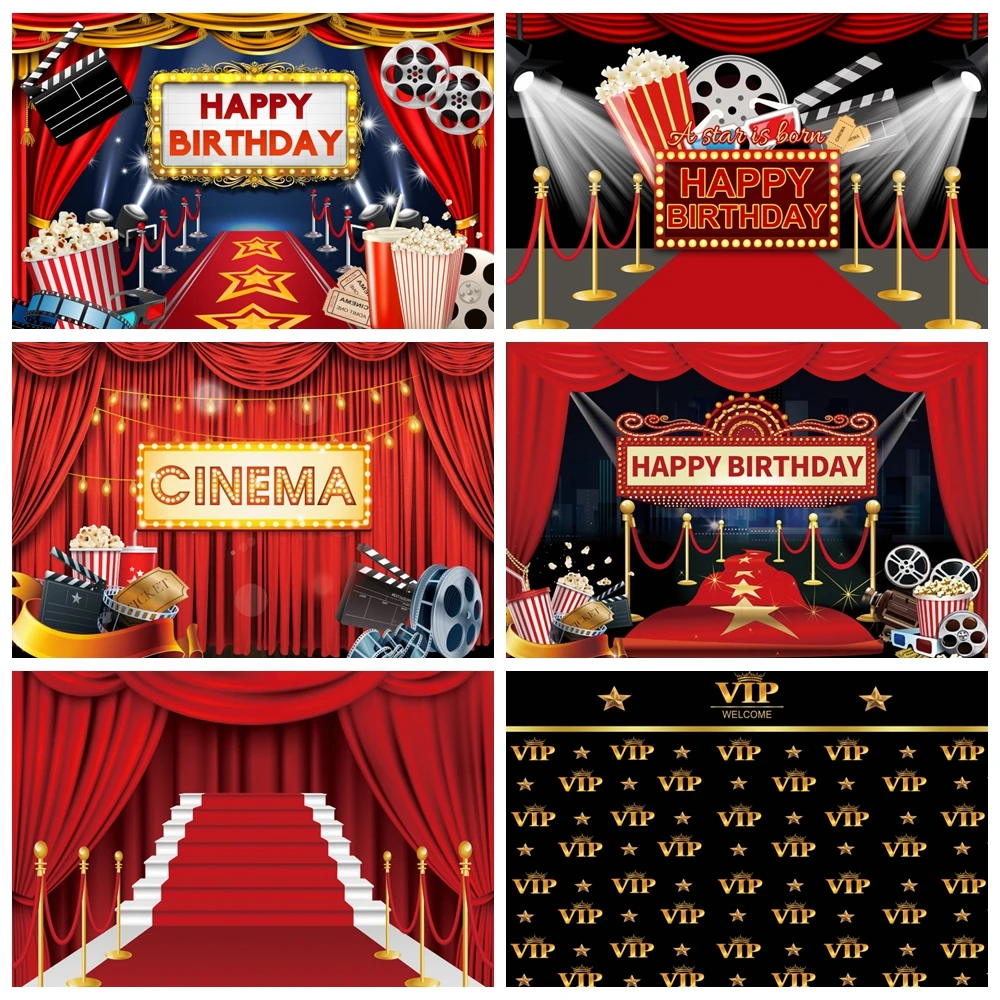 

Cinema Film Theme Birthday Photo Backdrop Popcorn Stage Red Carpet Birthday Party Photocall Photography Background Photo Studio