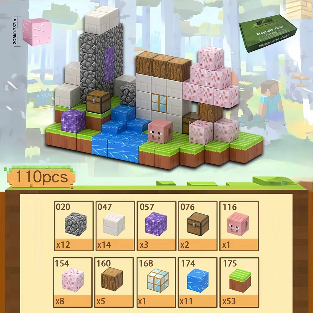 Kreative Bausteine, magnetisches Mine-Weltwürfel-Magnetset, DIY-Modus, geeignet für Jungen und Mädchen im Alter von 3 Jahren, die Kinder bauen