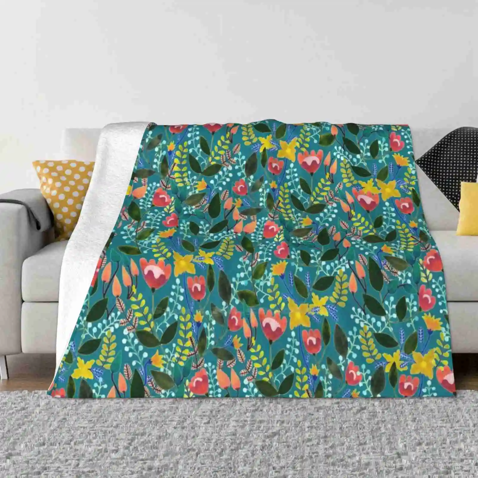 Fall Forest New Selling Custom Print Flannel Soft Blanket Gouache Floral Pattern Flowers Nature Boho Bohemian Beach Tropical