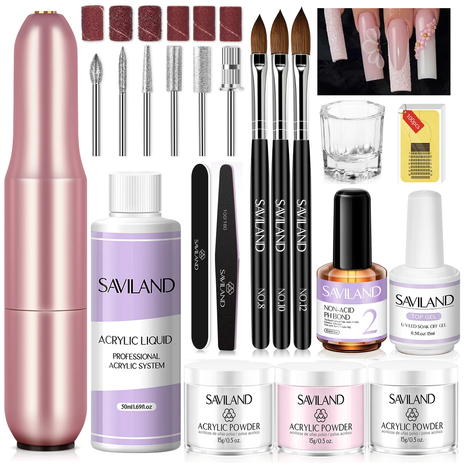 مجموعة أظافر أكريليك من سافيلاند مع مثقاب أظافر الكل في مجموعة واحدة للمبتدئين باللون الأبيض والوردي والبودرة الشفافة السائلة أدوات كاملة لصالونات التجميل المنزلية #1