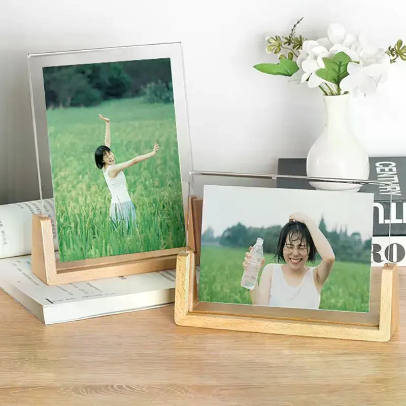 U Shape Transparent Photo Frame Solid Walnut Beech Wood Acrylic Picture Stand for Kids Room Table Decor