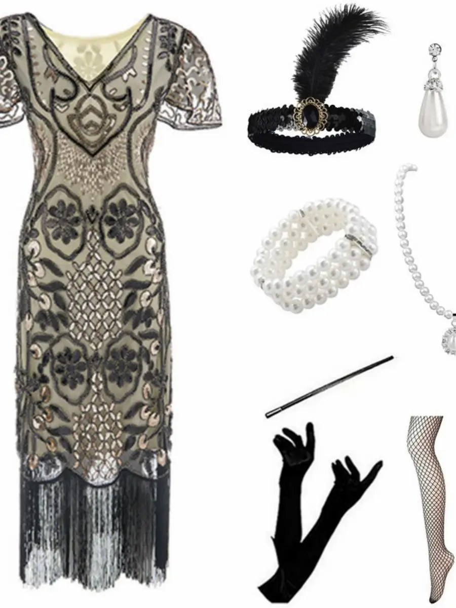 ريترو 920s غاتسبي الترتر الدكتور شرابة مساء الاسمية ort متجنب ثوب iny Cotail ملابس المرأة خمر Faion