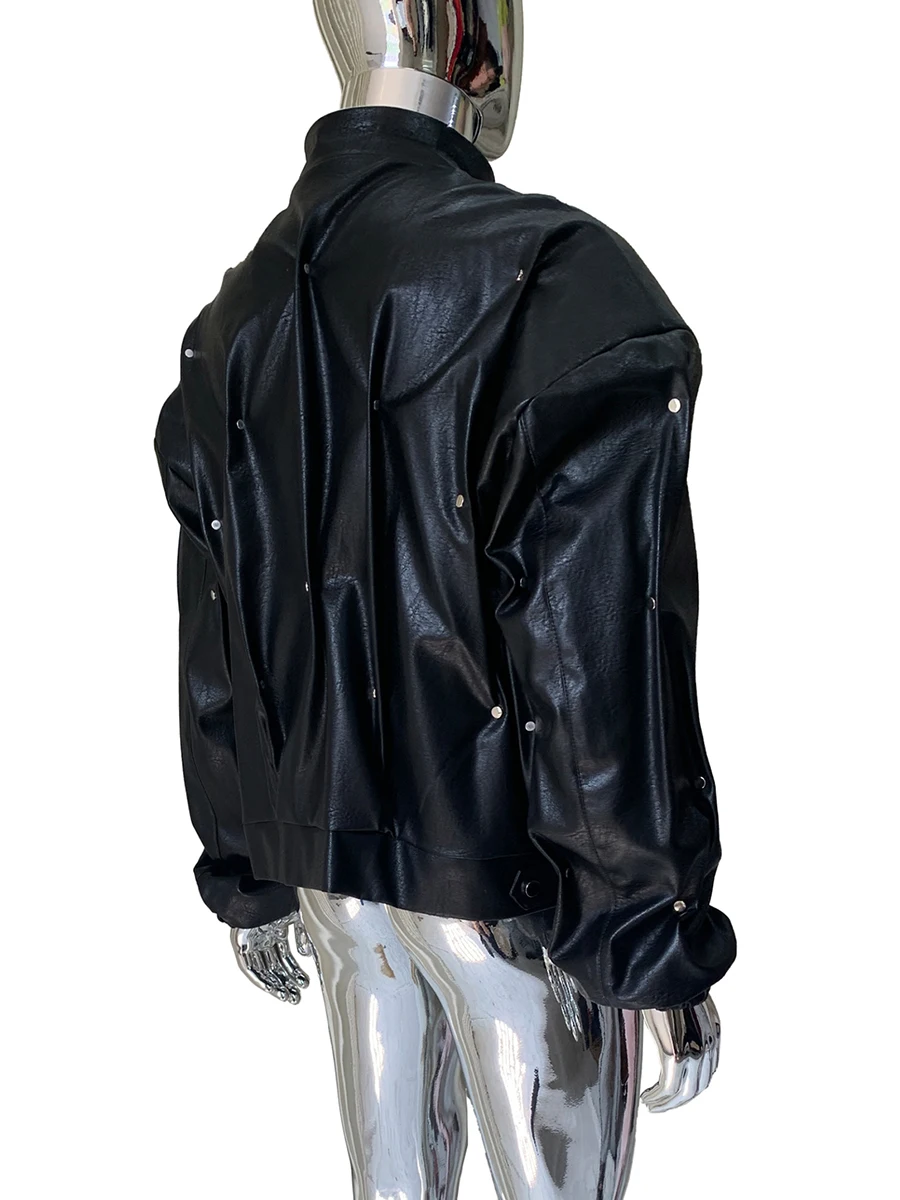 

Весенне-осенняя крутая короткая черная куртка из искусственной кожи с рюшами, мужская куртка с заклепками, роскошная дизайнерская европейская модная эмо-одежда 2025