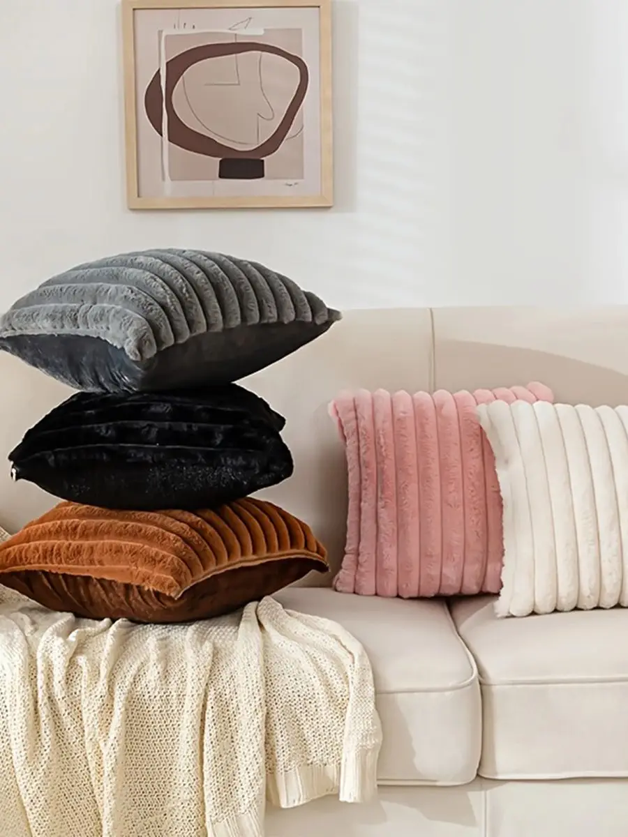 2er-Pack Künstliche Plüsch-Kissenbezüge, Luxuriöse Weiche Gestreifte Dekorative Kissenbezüge, Geeignet für Sofa-Innenräume – Detail 2
