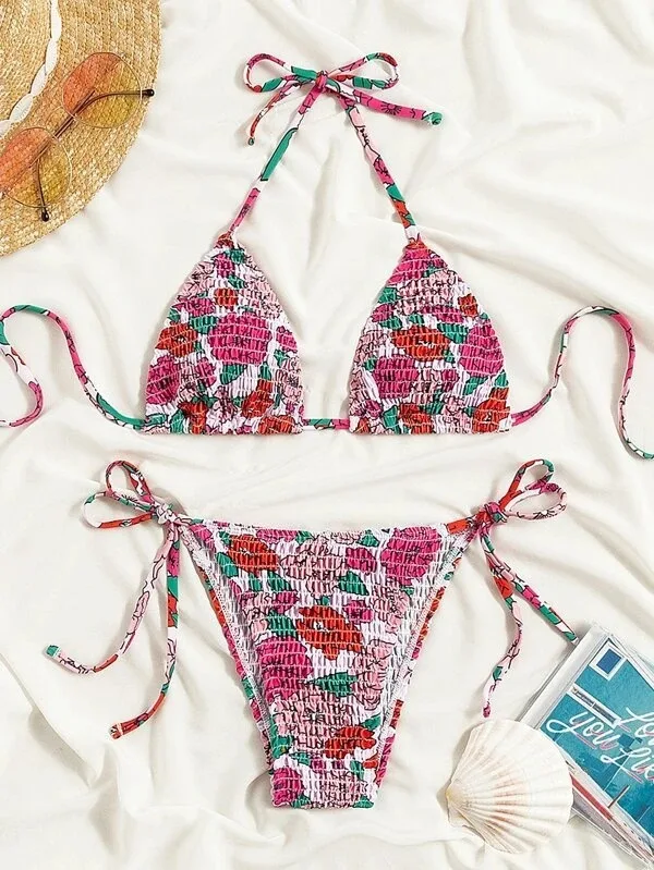 

Женское бикини с цветочным принтом 2024, сексуальная треугольная сумка, бандажный купальник с лямкой на шее, купальник из 2 предметов, стринги с низкой талией и открытой спиной, купальный костюм