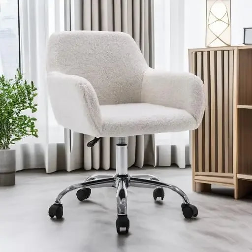 Fur Vanity Makeup Desk Chair, Comfy Fluffy Swivel Modern Leisure Armchair with Wheels, Upholstered Fuzzy Height Adjustable