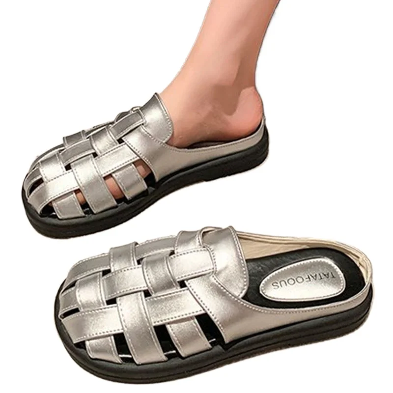 SyfIyno Silver Beige Brown Black Baotou Half Slippers Women Shoes Summer Retro Weaving Hollow Thick Bottom Roman Slides Mules