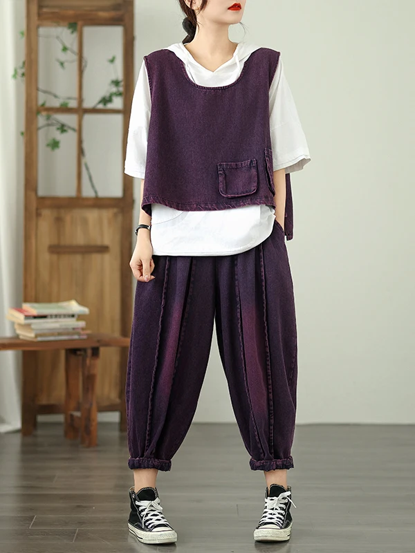 

Summer Loose Faionable Denim Two-Piece Set Trendy Vest plus Pumpkin Pants Ensemble Loose Slimming Effect Nine-Piece Pants