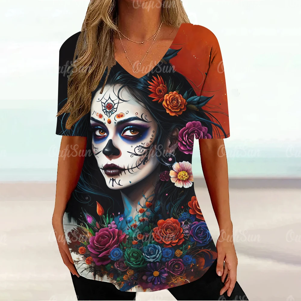 2024 Vintage Skull Face Women\'s T Shirt Tops V Neck Blouses Casual Short Sleeve Pullover Summer Female Harajuku Punk Streetwear