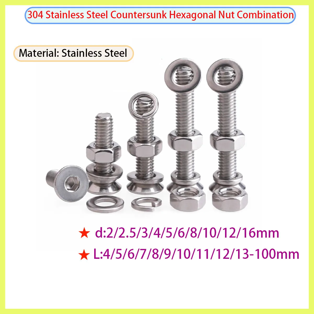 

304 Stainless Steel Hexagon Countersunk Head Bolt and Nut Set with Washer