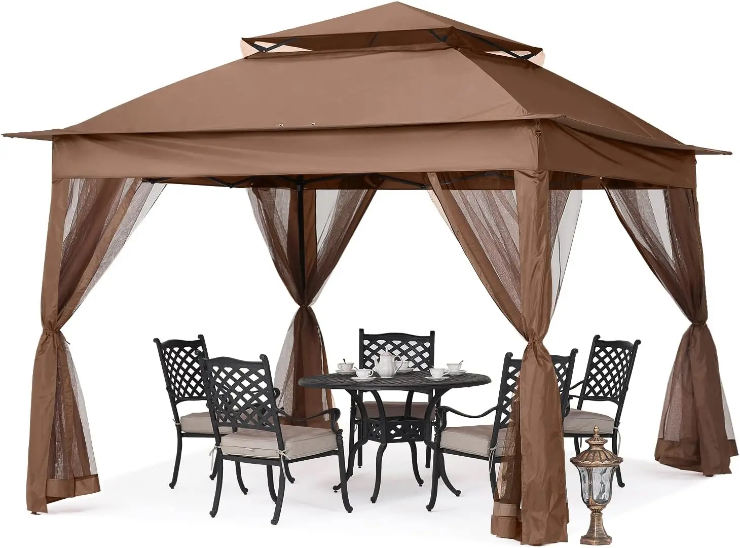 Patio Gazebo Outdoor Pop Up Gazebo with Mesh Walls (Brown 11x11) Uv Waterproof UPF 80+ Blocking 95% UV