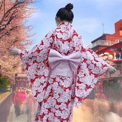 Japanese Traditional Formal Wear New Cotton and Linen Vibrating Sleeves Women's Red Floral Print Kimono Cosplay Live Clothing