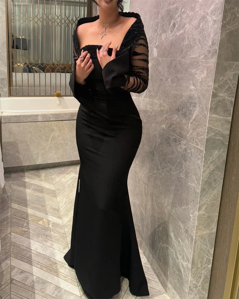 맞춤형 JDY 반짝이는 섹시한 플레인 니트 헤비 핸드메이드 비즈 장식 스팽글 주름 머메이드 오프숄더 롱 드레스 맞춤형 행사 드레스