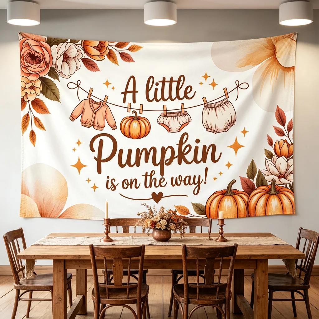 1PC Fall Floral Pumpkin Baby Shower Print Backdrop Banner, Bedroom Photo Background, Polyester, Party Decoration, Polyester