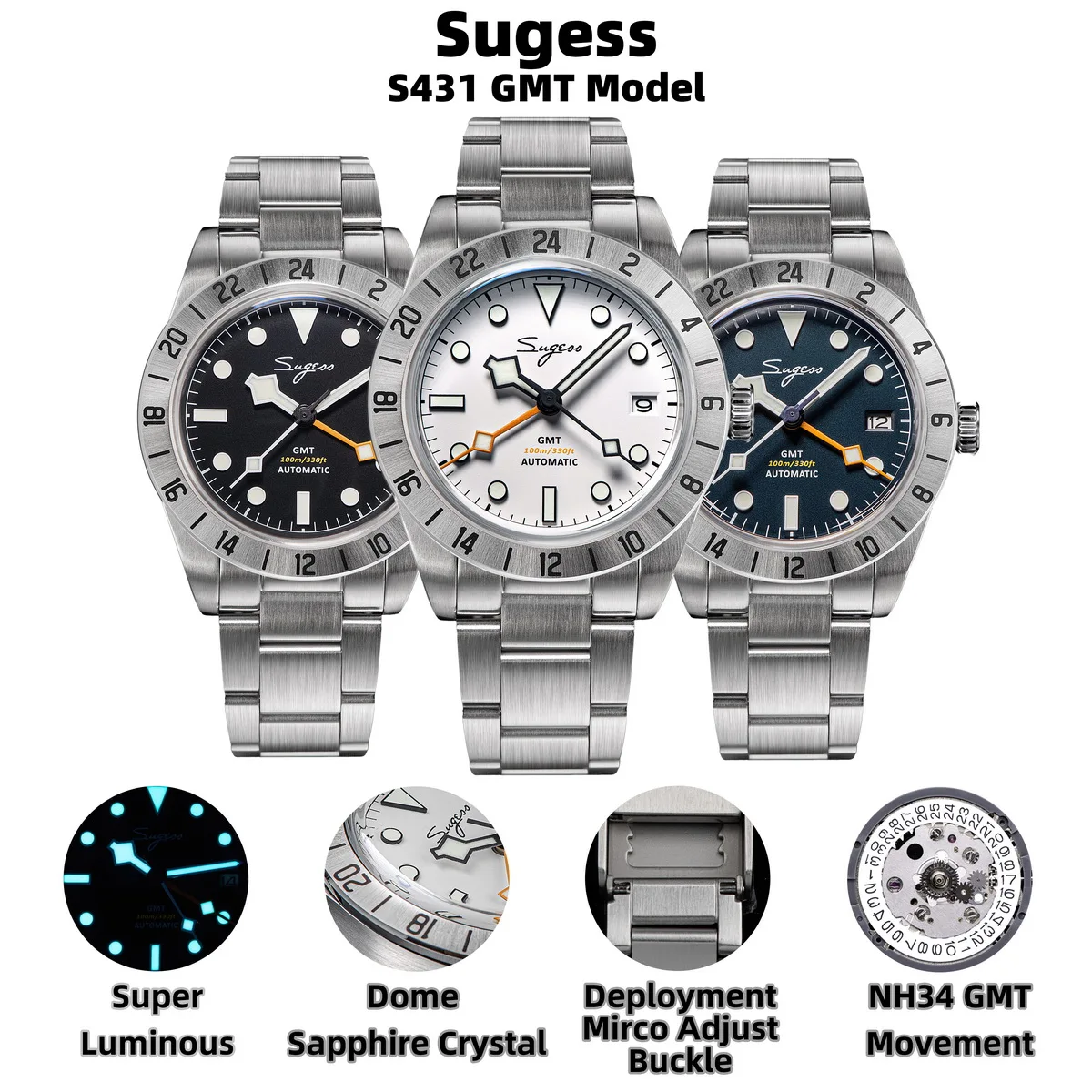 Sugess GMT Watch of Men Automatic NH34 Mechanical Wristwatches Dome Sapphire Crystal AR Coating 10ATM Waterproof Luxury S431 New