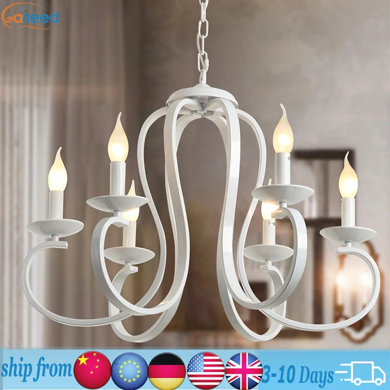 Ganeed Vintage Metal French Chandelier Country Chandelier 6-Light White Candle-Style Fixture Dinner Table Island Kitchen