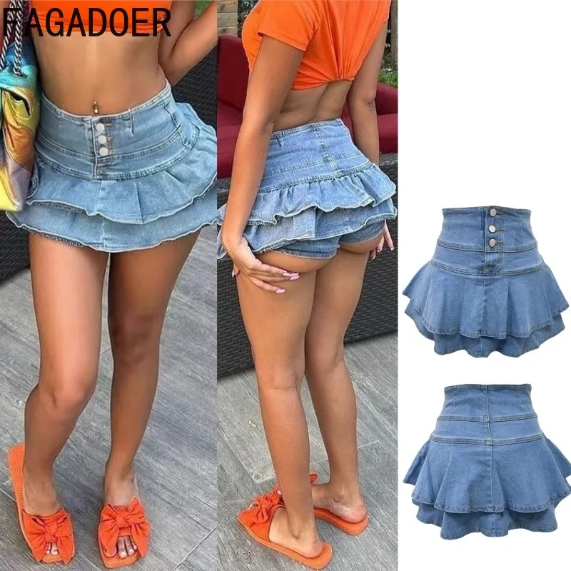 

FAGADOER Fashion Ruched Patchwork Bodycon Denim Pleated Skirt Woman Solid Color Buttons Jeans Skirts Female Streetwear Bottoms