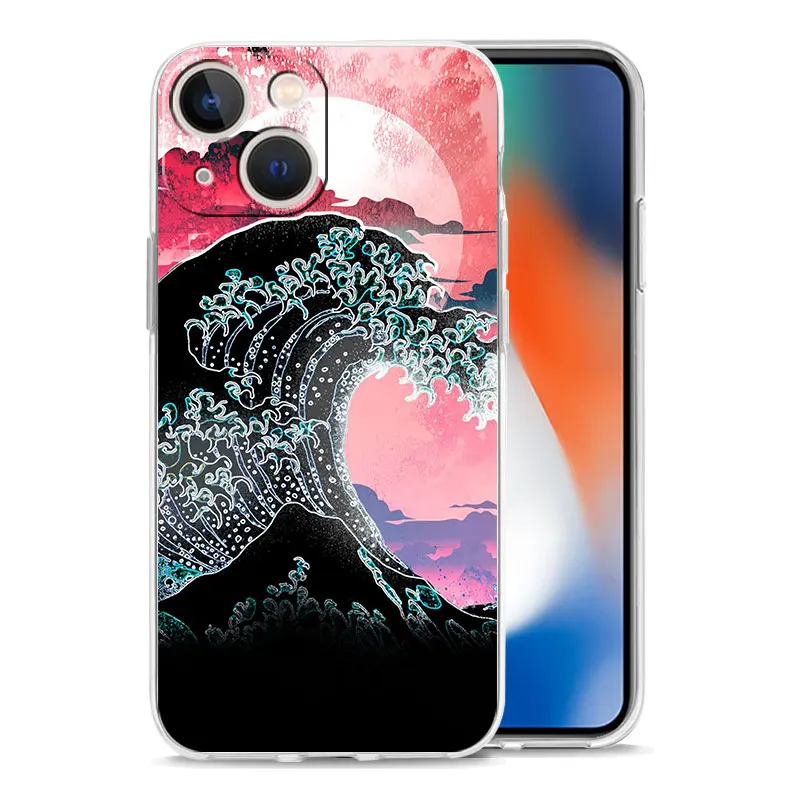 Luksusowe etui na telefon dla iPhone 15 14 13 12 11 Pro Max XS X XR 7 8 Plus przezroczysta, odporna na wstrząsy obudowa Golden Great Wave Kanagawa